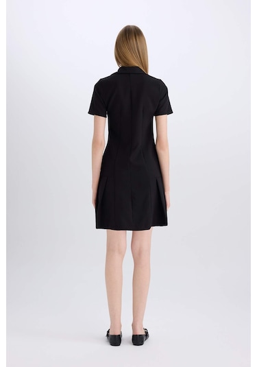 DeFacto Polo Yaka Basic Düz Kısa Kollu Pileli Mini Elbise D4203AX24AUBK27