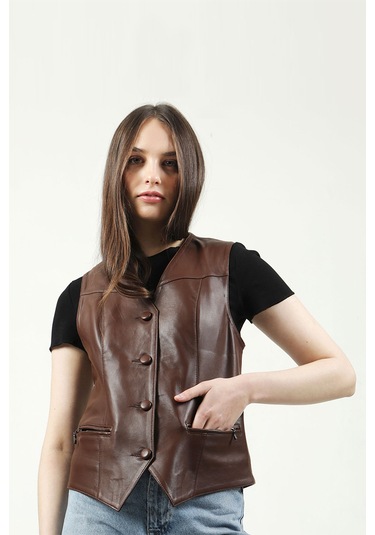 Dericlub Vittoria Kadın Düğmeli Slim Fit Hakiki Deri Yelek Fındık Fındık