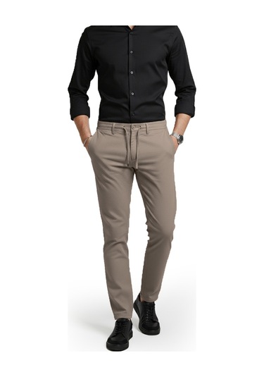 Deepsea Erkek Bej Likralı Gofre Kumaş Beli Lastikli İpli Slim Fit Günlük Pantolon 2600650 Bej