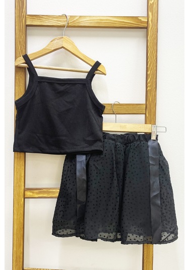 Kız Çocuk Etekli Takım Askılı Badi Fiyonklu Fırfırlı D29 Siyah