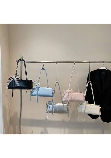 Dashanshop Mavi Fransız Çubuğu El Çantası Büyük Kapasiteli Pu Omuz Çantası Kurdele İş Mavi