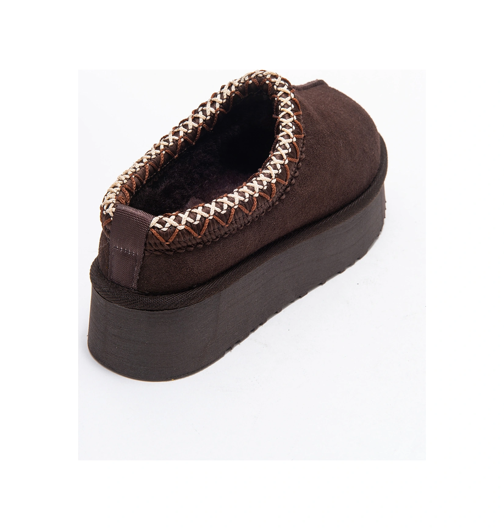 Avelıa Kahverengi Süet Hakiki Deri Dikişli Kadın Kalın Tabanlı Kışlık Terlik Kahverengi