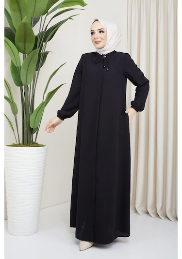 Salaş Kesim Yakası Bağcıklı Tesettür Ferace Siyah