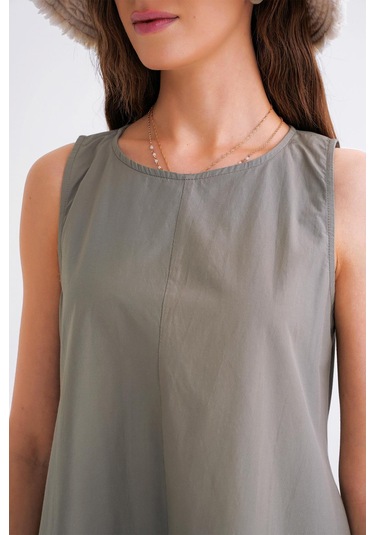 4690 Kadın Bisiklet Yaka Sıfır Kol Midi Paraşüt Elbise Haki Haki