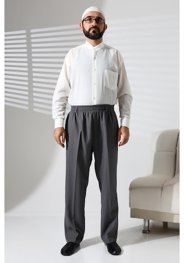 Erkek Beli Lastikli Cepli Hac Ve Umre Kışlık Yün Efektli Şalvar Pantolon - Gri İsr Gri