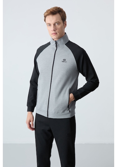 Tommy Life Gri Melanj - Siyah Dik Yaka Çift Renk Rahat Form Klasik Paça Erkek Eşofman Takımı - 85113 Gri - Siyah