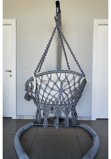 Tek Kişilik Makrome El Örgüsü Salıncak Minderli Ve Askı Demiri İle Açık Gri Mis38016grima Açık Gri