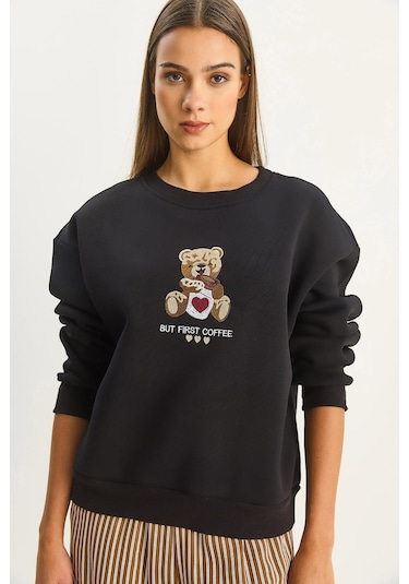 Shade Kadın Teddy Nakış Detaylı Üç İplik Şardonlu Sweatshirt 60601044 - Siyah