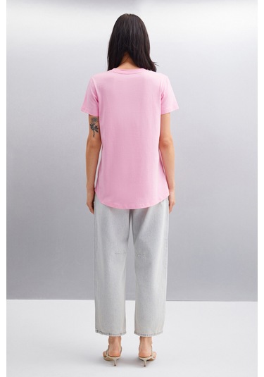 Samantha Kadın %100 Organik Pamuklu Comfort Fit Arkası Uzun Basic Örme Pembe T-shirt