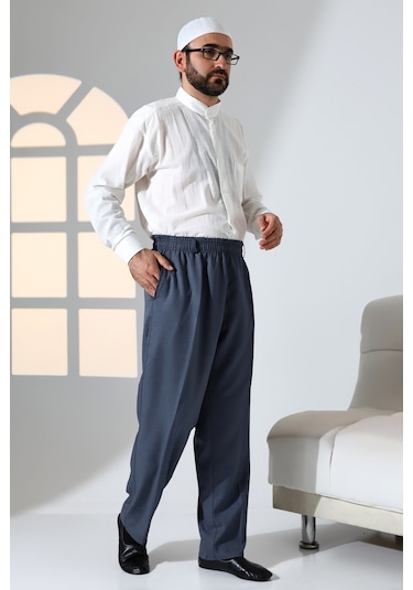 Erkek Rahat Kesim Beli Lastikli Cepli Hac Ve Umre Kumaş Şalvar Pantolon - Mavi İsr Mavi