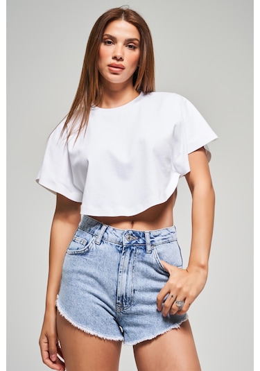 Itsbasic Kadın Snow Kot Rengi Luna Paça Püsküllü Mini Denim Şort