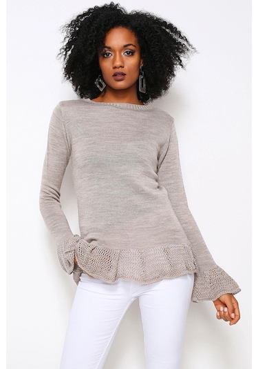 Vizon Yuvarlak Yaka, Fırfır Kol Ve Etek Ucu Detaylı, Triko Bluz Vizon