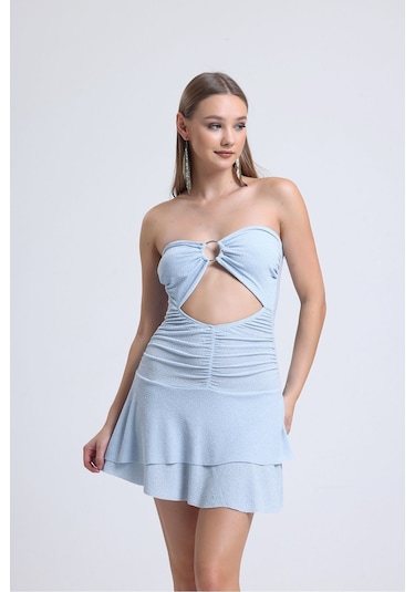 Buz Mavisi Önden Halkalı Bel Kısmı Açık Cift Kat Kloş Etekli Party Elbisesi Buz Mavisi