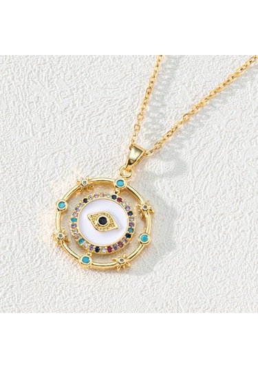 Takı: Titanyum Çelik Köprücük Kimi Zinciri, Renkli Zirkon Taşlı Göz Pandantif, Şeytan Gözü Kolye Açık Kahverengi