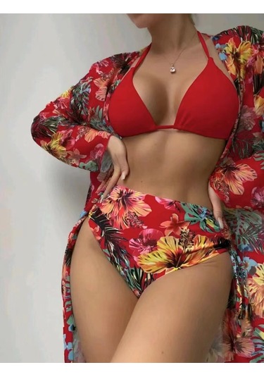 Bölünme Bikini Baskılı İpli Yüksek Bel Mayo Kırmızı