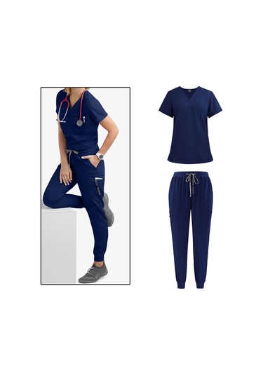 Dolıty Hemşirelik Ovalama Seti V Yaka Hemşire İş L-koyu-mavi