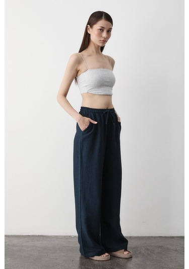 Lacivert Beli Lastikli Bol Paça Pantolon Lacivert