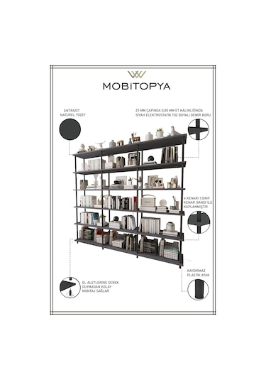 Çevir Kur 200 Cm Antrasit Kitaplık Antrasit