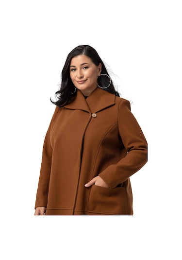 Büyük Beden Torba Cepli Tek Düğmeli Astarlı Kahverengi Kaşe Kaban-kahverengi Kahverengi