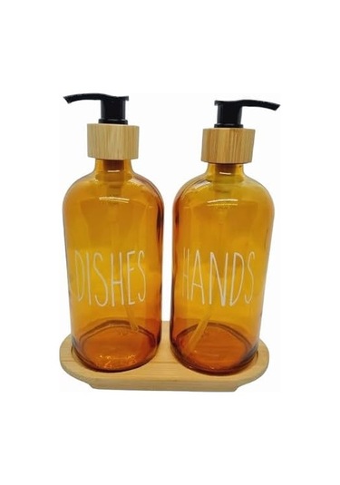500ml Amber Cam Sıvı Sabunluk Seti, Bulaşık Ve El Sabunu İçin, Bambu Tepsili Siyah