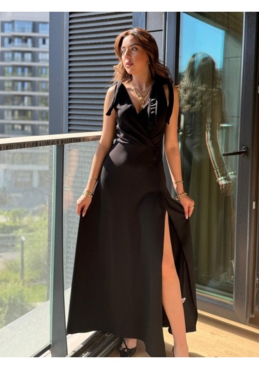 Kadın Askılı Omuzdan Bağlamalı Kruvaze Yakalı Uzun Yırtmaçlı Janjan Krep Elbise Siyah