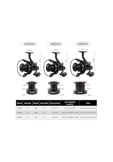 Vkemall Wn6000 Çift Frenli Spinning Makinesi - Tam Metal Bobinli Uzun Atış Balık Makinesi Sahte Yemi Balıkçılığı İçin Ön Ve Arka Fren