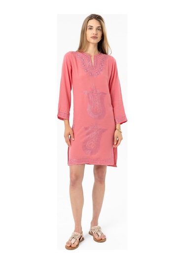 Pembe İşlemeli Uzun Kollu Astarsız Pamuklu Kısa Elbise-pembe