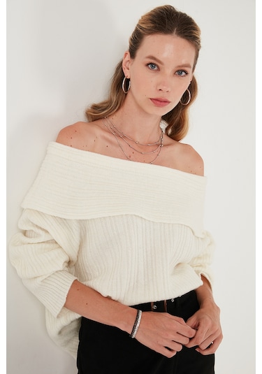 Lela Oversize Fit Madonna Yaka Triko Bayan Kazak 4615216 Ekru