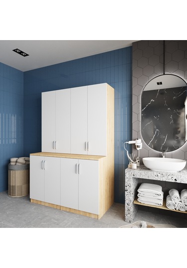 Maven Çamaşır Ve Kurutma Makinesi Dolabı Banyo Dolabı Meşe Beyaz Meşe - Beyaz