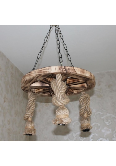 Otantik Çarşı Ahşap Halatlı Teker Avize 40 Cm. 3'lü Eskitme Ağaç