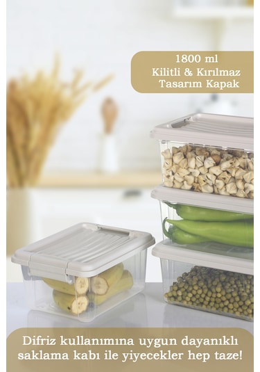 4'lü Set - 1800 Ml Kilit Kapaklı Erzak Saklama Kabı Difriz Buzdolabı Düzenleyici Saklama Kutusu Bej Bej