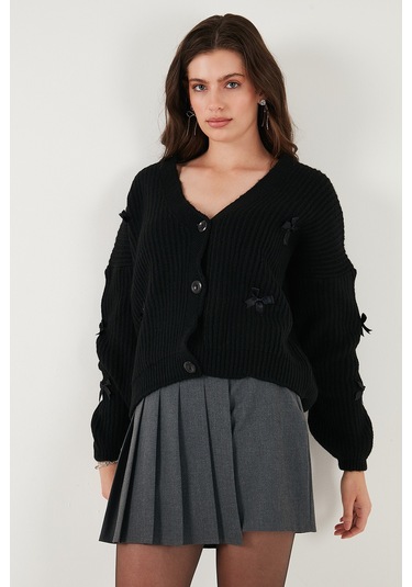 Lela Oversize Fit V Yaka Fiyonk Detaylı Düğmeli Bayan Hırka 4615577 Siyah