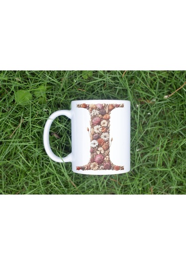 I Harfi Çiçek Desenli Kupa Bardak - Alfabe Harfleri İle Doğal Çiçekli Kupa - Hediye Fikir Beyaz