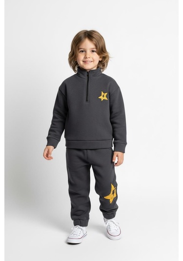 Fermuar Detaylı Şimşek Baskılı 2 Li Takım Antrasit