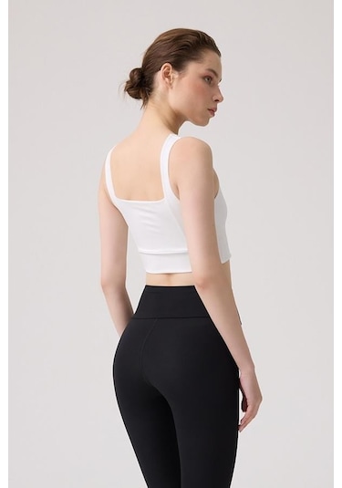 Krem Kare Yaka Crop Top Büstiyer Krem