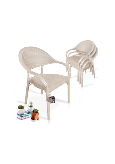 Bahex Bambu 4lü Set Rattan Kollu Bahçe Sandalye Koltuk 4ad Cappcn Cappuccino