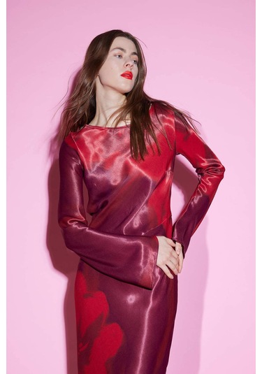 DeFacto Bisiklet Yaka Batik Saten Uzun Kollu Maxi Abiye Elbise E7451AX25SPRD211