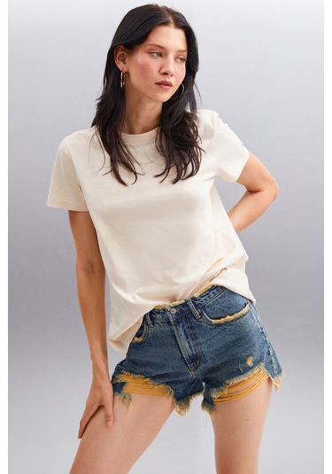 GRIMELANGE Samantha Kadın %100 Organik Pamuklu Comfort Fit Arkası Uzun Basic Örme Bej T-shirt Bej