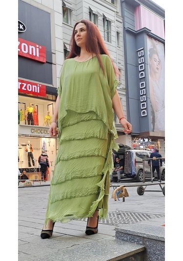 İtalyan 2 Beden İnce Gösteren Yarım Kol Kat Kat Ipek Elbise Fıstık Yeşili