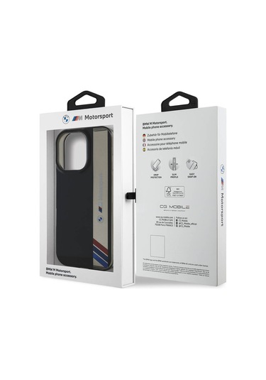 İphone 16 Pro Uyumlu Kılıf Bmw Lisanslı M Logolu Üç Renk Çizgili Motorsport Vertical Stripe Siyah