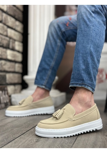 Pabucmarketi Bağcıksız Püsküllü Keten Erkek Ayakkabı Krem Beyaz Taban Çok Renkli