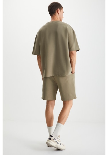 Colombıa Erkek 2'li Set Comfort Fit Rahat Kalıp Yazı Nakışlı Şardonsuz Haki Eşofman Takımı