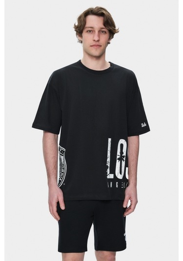 Ignıso Siyah Bisiklet Yaka Baskılı Oversize Erkek Tshirt SIYAH