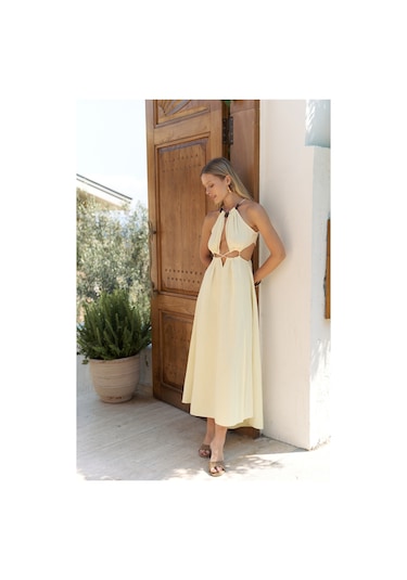 Bunina Bağcıklı Boncuk Detay Sarı Uzun Elbise sarı