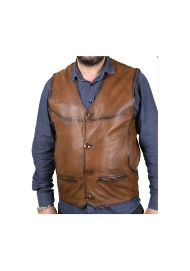 Hakiki Kuzu Derisi Kahverengi Leon Düğmeli Erkek Deri Yelek Taba