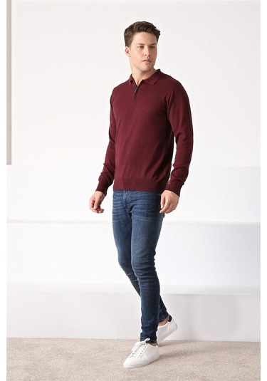 Ferraro Bordo Polo Yaka Fermuarlı Erkek Pamuk Kazak Bordo