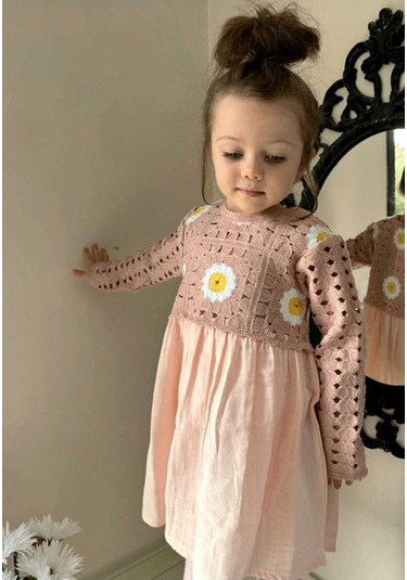 Kız Çocuk Çiçek Desenli Kroşe Müslin Pamuklu Prenses Hediye Doğum Günü Şık Elbise Pembe