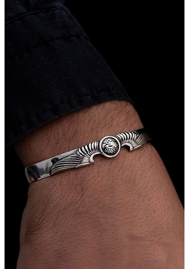 Erkek Gümüş Bileklik - Kartal Motifli Kelepçe Model Işıklı Kutuda Sevgiliye Eşe Babaya