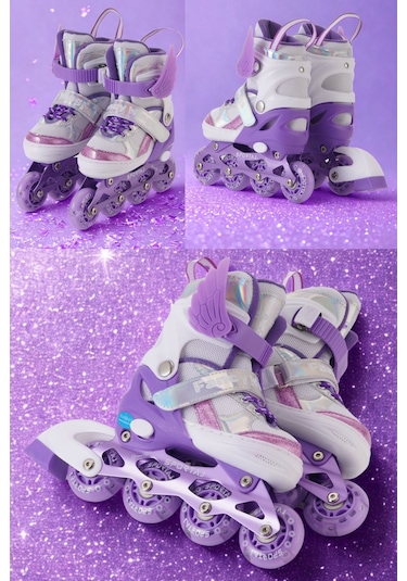 Melek Kanatlı Işıklı Çocuk Pateni Silikon Teker Ayarlanabilir Paten Taşıma Çantalı Lila Lila Mor