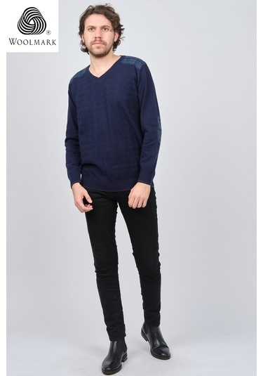 Desen Triko Erkek V Yaka Saf Yün Kazak 0246538 Lacivert Lacivert